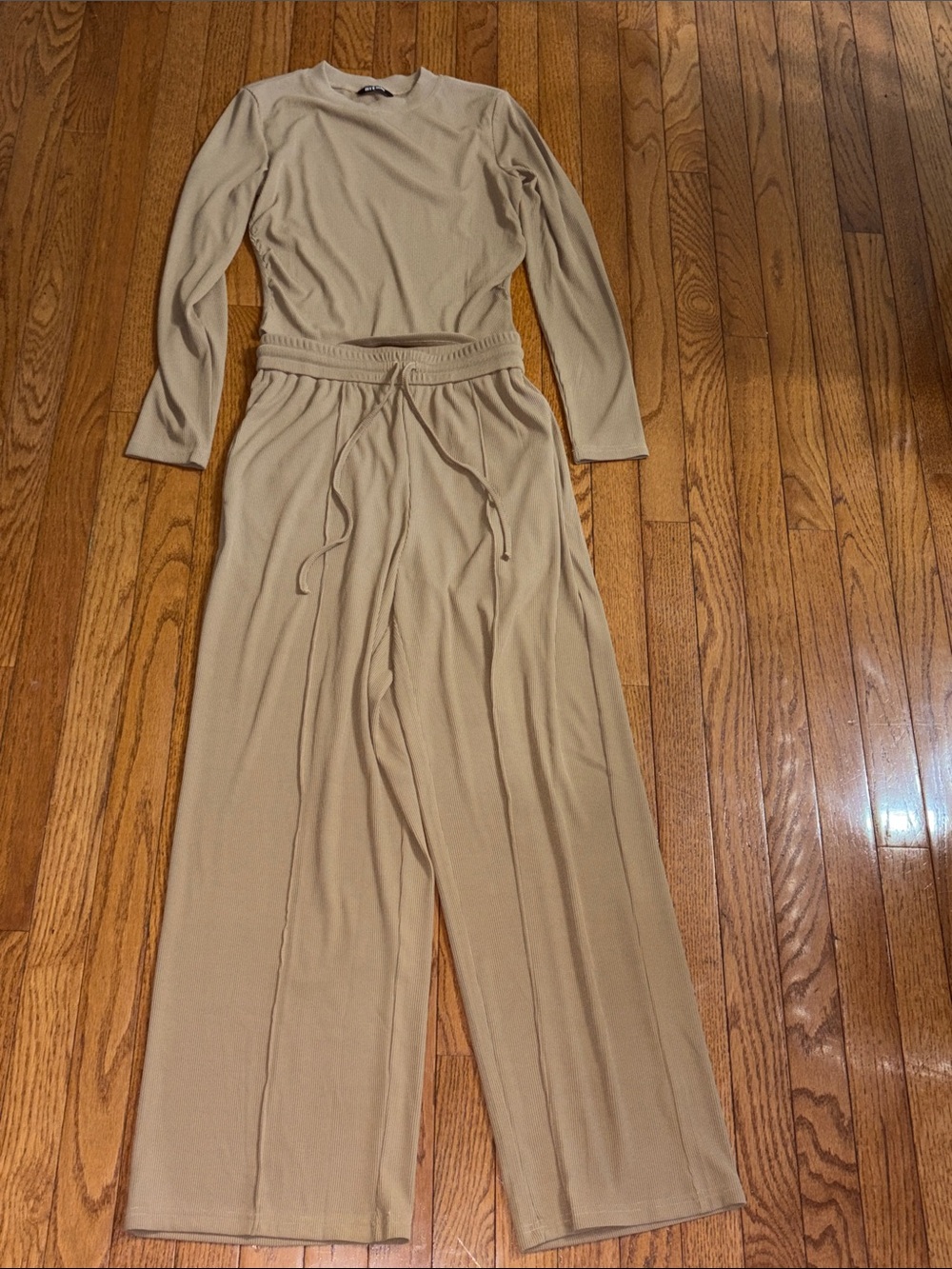 Beige Knit Wide-Leg Pantsuit with Drawstring Waist